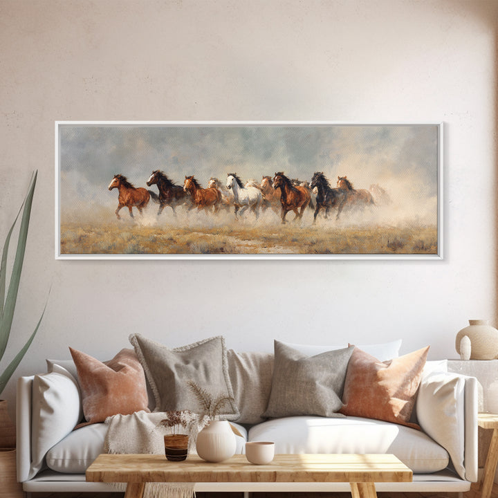 Wild Mustang Herd Framed Canvas Print, Western Art, Minimalist Wall Art, Southwestern Decor, Fine Art, Frontier, Horse Art, WES-3x1-18