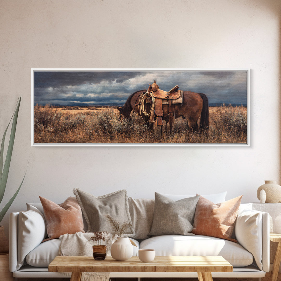 Western Saddle and Rope on Weathered Wood Framed Canvas Print, Western Art, Printable Art, Southwestern Decor, Frontier, WES-3x1-2
