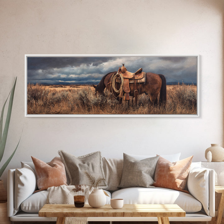 Western Saddle and Rope on Weathered Wood Framed Canvas Print, Western Art, Printable Art, Southwestern Decor, Frontier, WES-3x1-2
