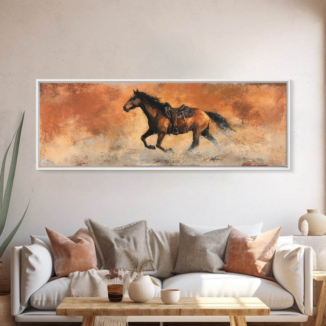 Buckskin Horse in Golden Prairie Light Framed Canvas Print, Western Art, Room Decor, Southwestern Decor, Fine Art, Frontier, WES-3x1-23