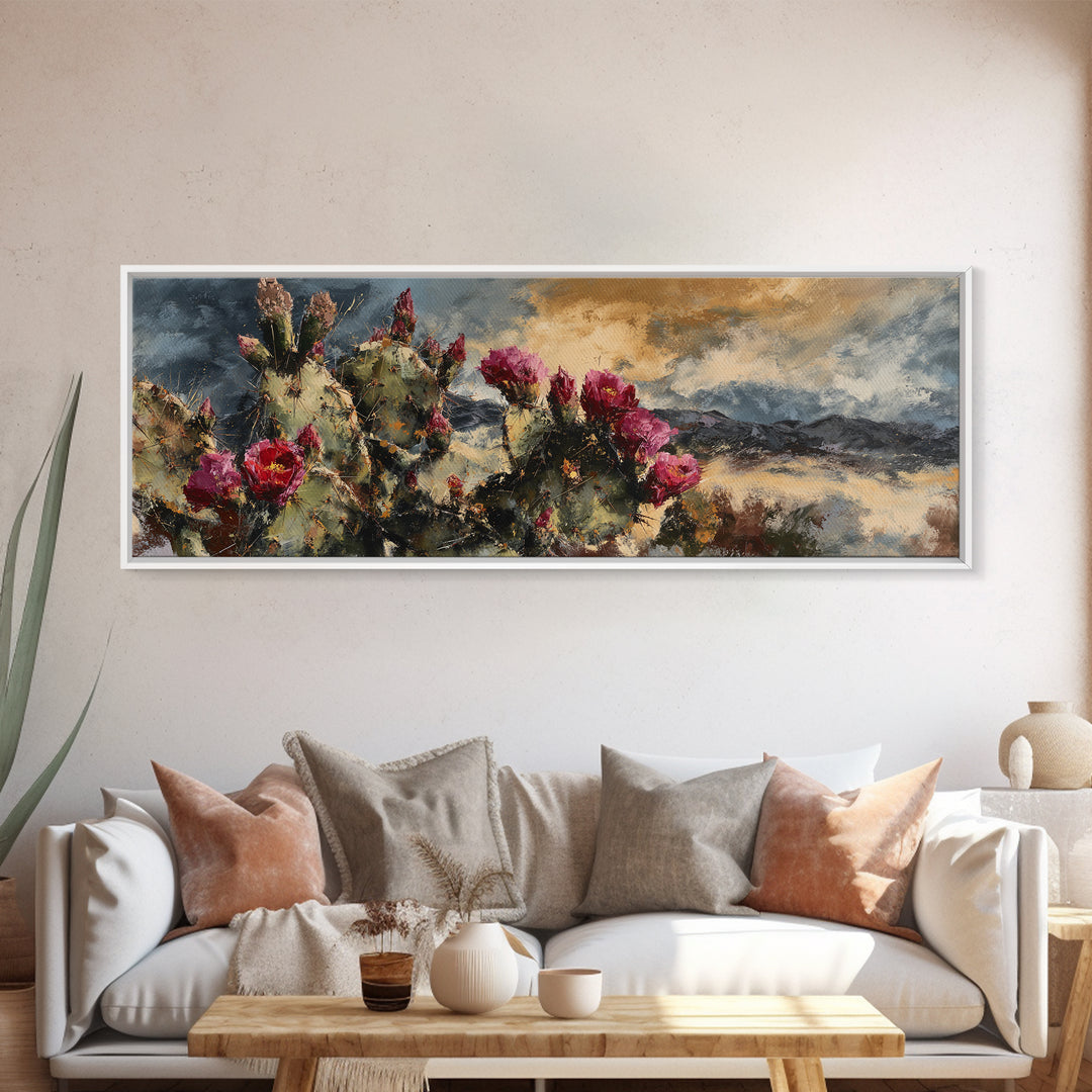 Prickly Pear Cactus Framed Canvas Print, Western Art, Rustic Wall Art, Southwestern Decor, Watercolor Art, Frontier, WES-3x1-32