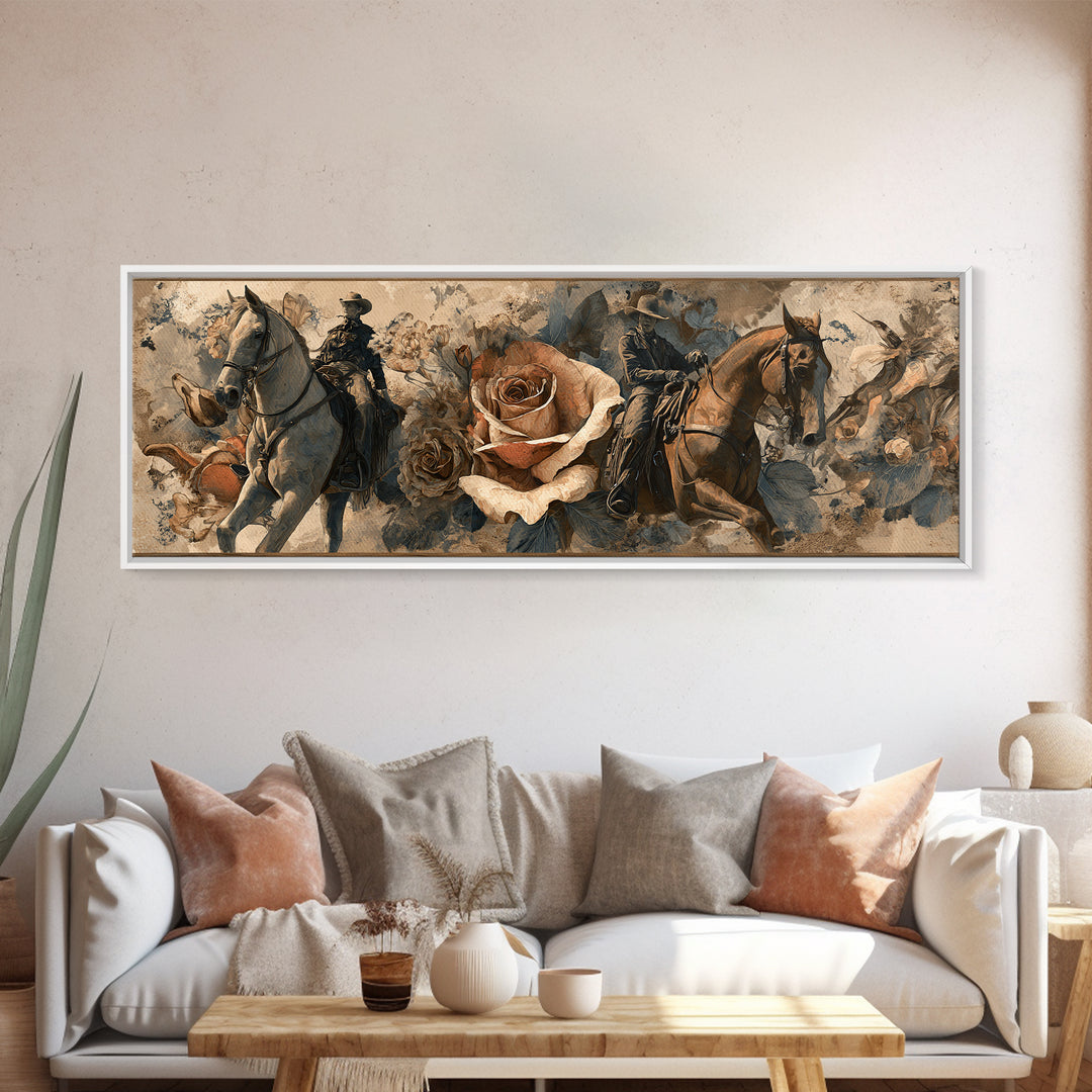 Old Revolver and Roses Framed Canvas Print, Western Art, Painting, Southwestern Decor, Fine Art, Frontier, Trendy Wall Art, WES-3x1-59