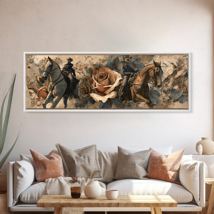 Old Revolver and Roses Framed Canvas Print, Western Art, Painting, Southwestern Decor, Fine Art, Frontier, Trendy Wall Art, WES-3x1-59