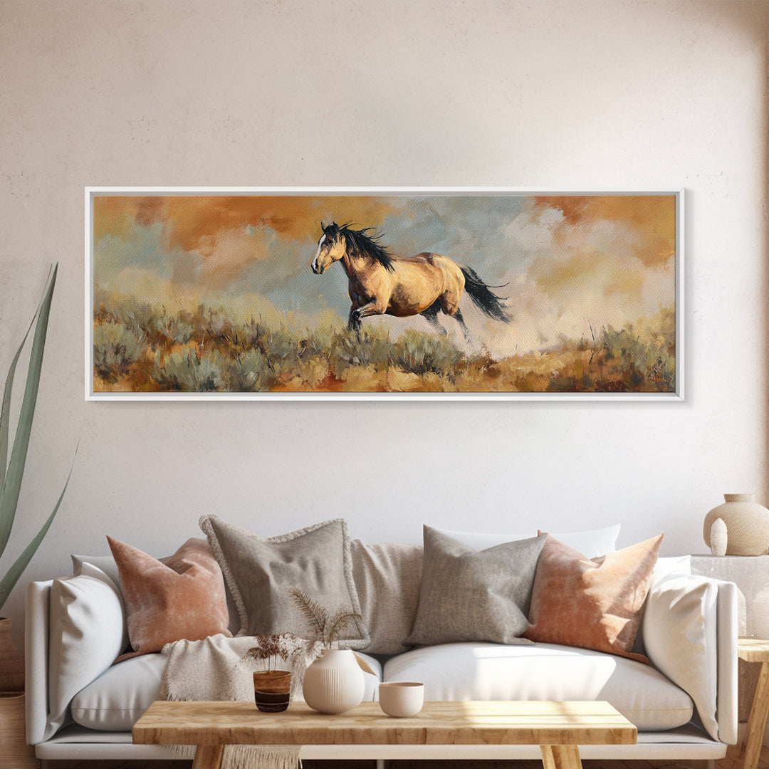Buckskin Horse in Golden Prairie Light Canvas Print, Western Art, Western Decor, Southwestern Decor, Fine Art, Frontier, WES-3x1-71