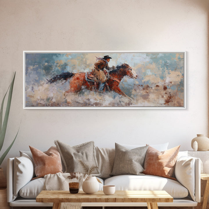 Rodeo Rider Mid Motion Framed Canvas Print, Western Art, Neutral Decor, Southwestern Decor, Fine Art, Frontier, Home Decor, WES-3x1-73