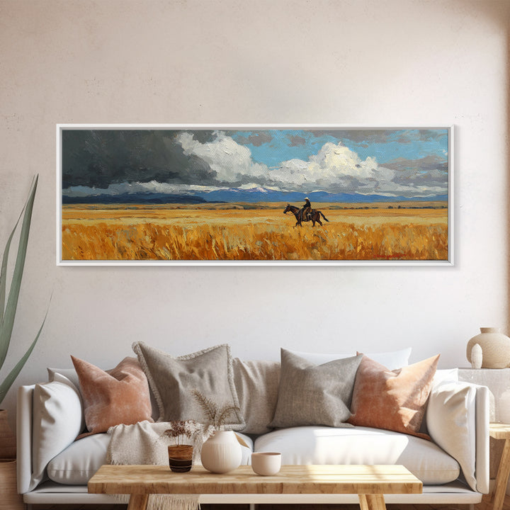 Golden Wheat Field Canvas Print, Western Art, Wall Art, Southwestern Decor, Oil Painting, Frontier, Minimalist Wall Art, WES-3x1-88