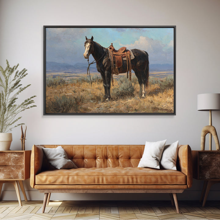 Black Horse Portrait Framed Canvas Print, Western Art, Landscape, Southwestern Decor, Fine Art, Frontier, Modern Decor, WES-3x2-46