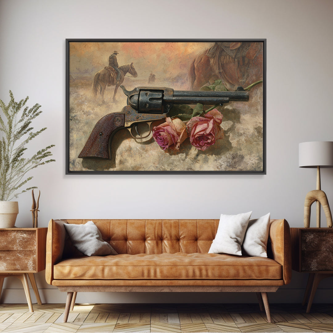 Old Revolver and Roses Framed Canvas Print, Western Art, Oil Painting, Southwestern Decor, Frontier, Digital Download Art, WES-3x2-47