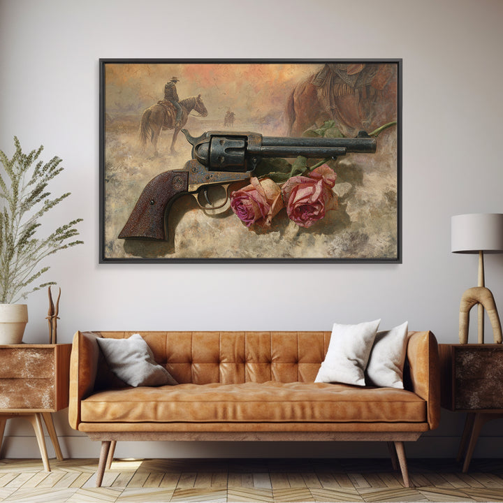 Old Revolver and Roses Framed Canvas Print, Western Art, Oil Painting, Southwestern Decor, Frontier, Digital Download Art, WES-3x2-47