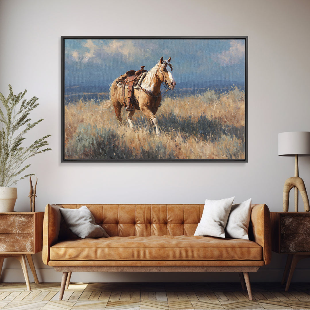 Buckskin Horse in Golden Prairie Light Framed Canvas Print, Western Art, Oil Painting, Southwestern Decor, Frontier, Landscape, WES-3x2-59