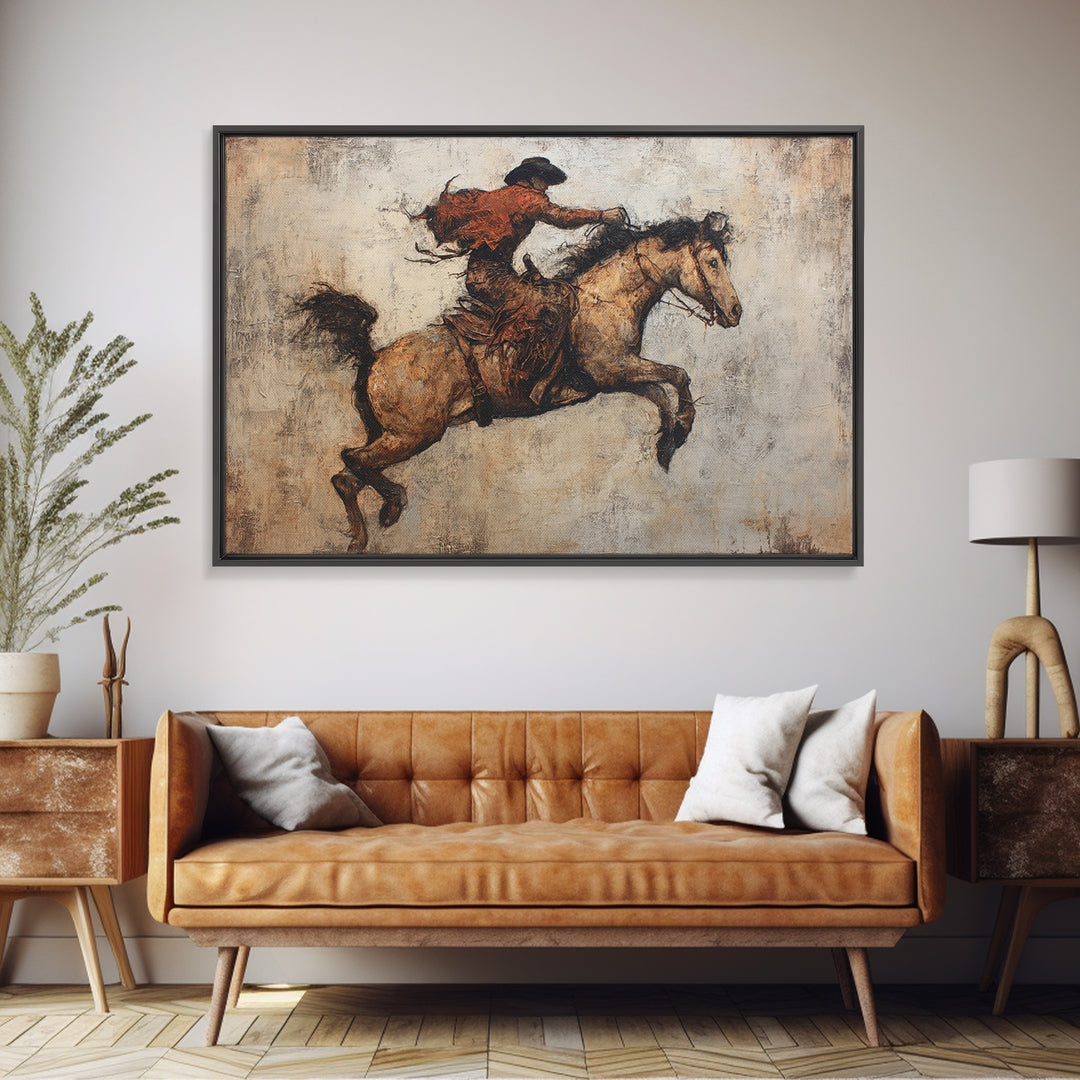 Rodeo Rider Mid Motion Canvas Print, Western Art, Desert Art, Southwestern Decor, Oil Painting, Frontier, Minimalist Decor, WES-3x2-61