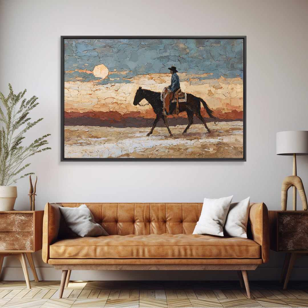Desert Moon over Lone Rider Framed Canvas Print, Western Art, Western Home Decor, Southwestern Decor, Oil Painting, Frontier, WES-3x2-63