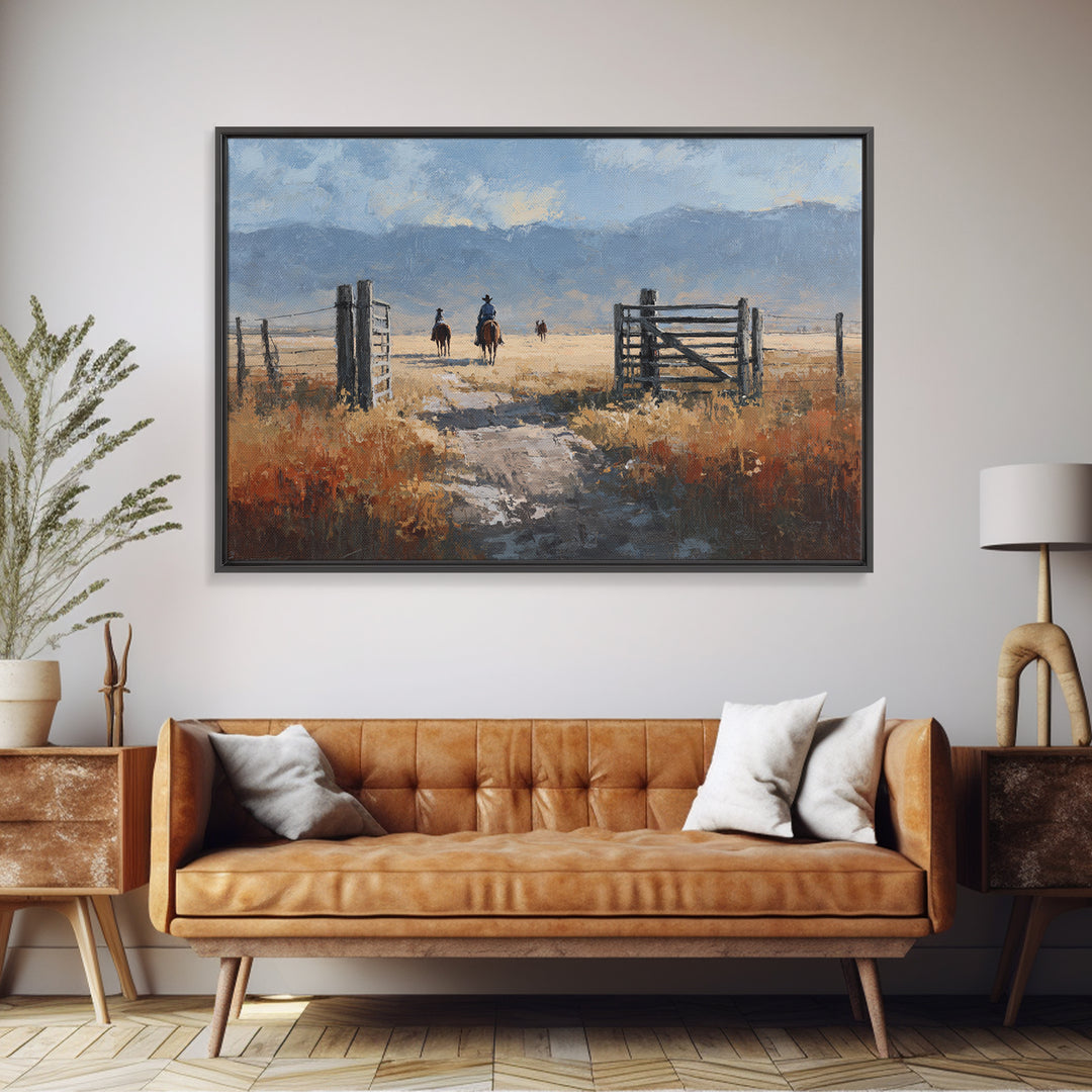 Sun Bleached Ranch Gate Framed Canvas Print, Western Art, Western Wall Art, Southwestern Decor, Watercolor Art, Frontier, WES-3x2-91