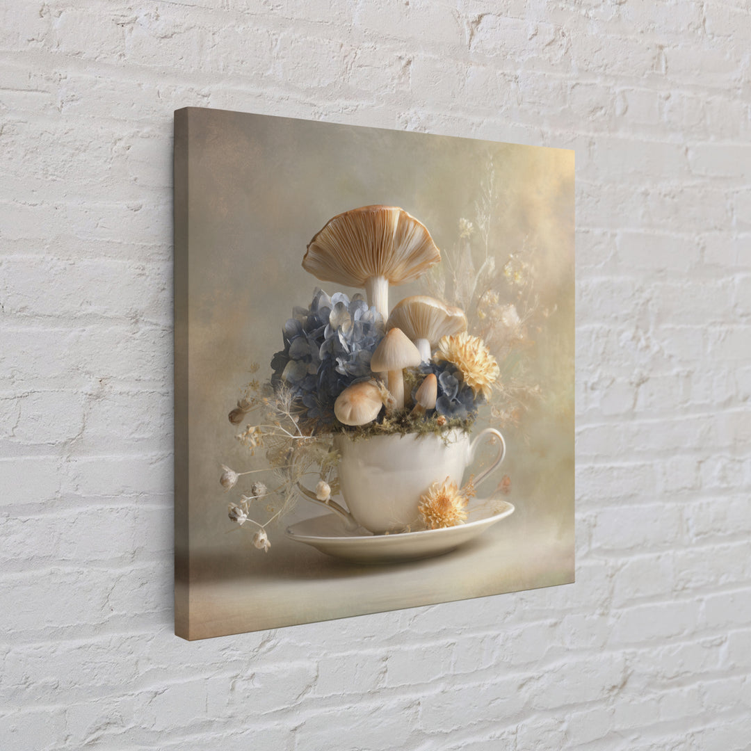 Teacup Garden with Tiny Mushrooms Framed Canvas Print, Whimsical Art, Watercolor Art, Living Room Decor, Fine Art, Wonder, WHI-1x1-100