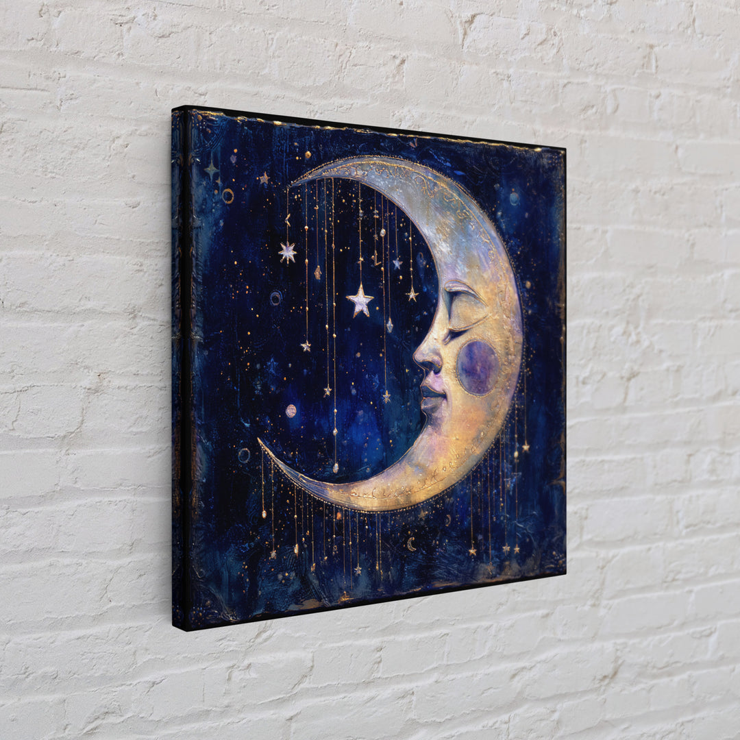 Moon with Sleeping Face and Dangling Stars Framed Canvas Print, Whimsical Art, Printable Art, Living Room Decor, Wonder, WHI-1x1-16