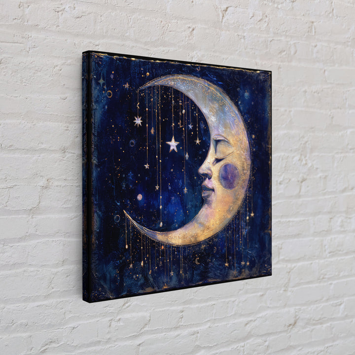 Moon with Sleeping Face and Dangling Stars Framed Canvas Print, Whimsical Art, Printable Art, Living Room Decor, Wonder, WHI-1x1-16