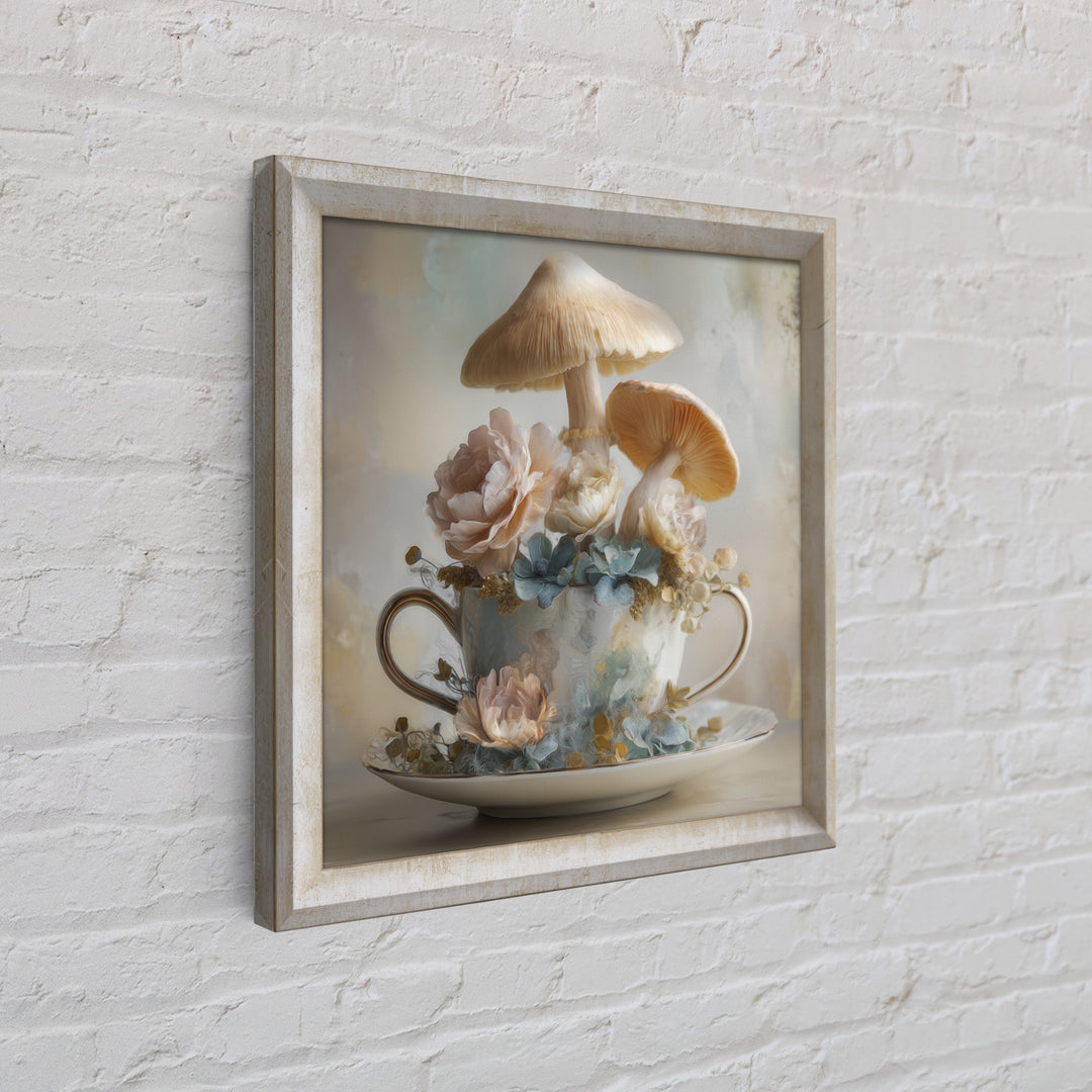Teacup Garden with Tiny Mushrooms Framed Canvas Print, Whimsical Art, Printable Wall Art, Living Room Decor, Fine Art, Wonder, WHI-1x1-28