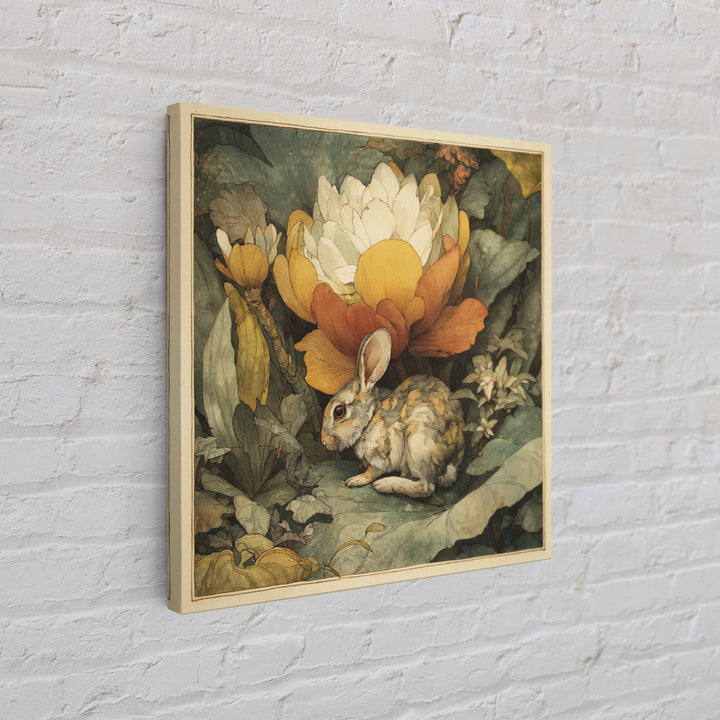 Rabbit Reading Beneath a Giant Flower Framed Canvas Print, Whimsical Art, Textured Painting, Living Room Decor, Wonder, WHI-1x1-29