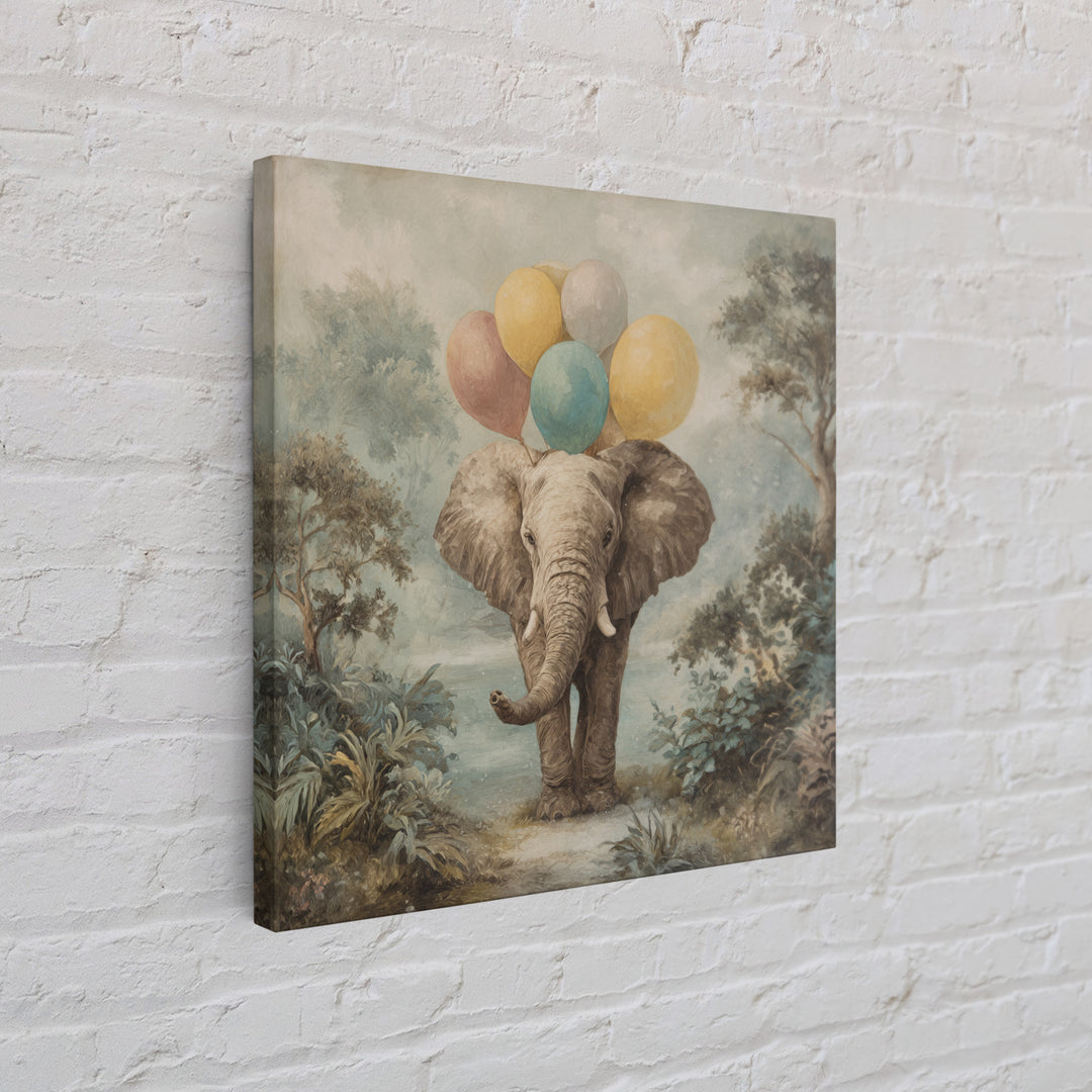 Elephant Holding Balloons Canvas Print, Whimsical Art, Art Nouveau, Living Room Decor, Abstract Art, Wonder, Nursery Wall Decor, WHI-1x1-3