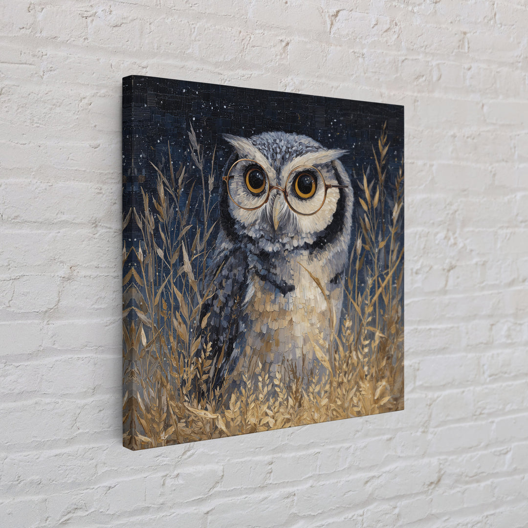 Owl Wearing Spectacles Among Stars Canvas Print, Whimsical Art, Nursery Prints, Living Room Decor, Oil Painting, Wonder, WHI-1x1-30