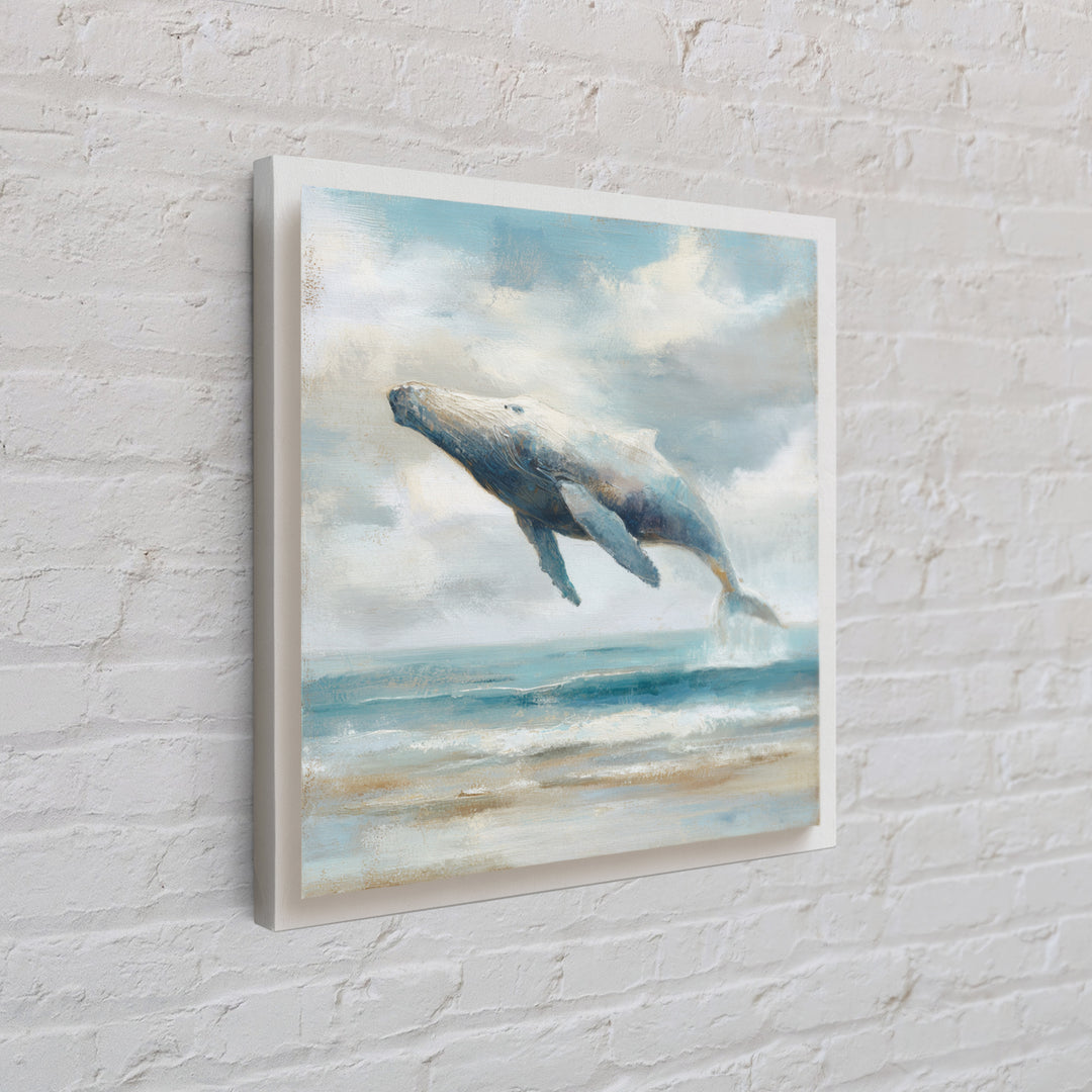 Whale Flying Through Clouds Like Ocean Framed Canvas Print, Whimsical Art, Boho Decor, Living Room Decor, Fine Art, Wonder, WHI-1x1-37