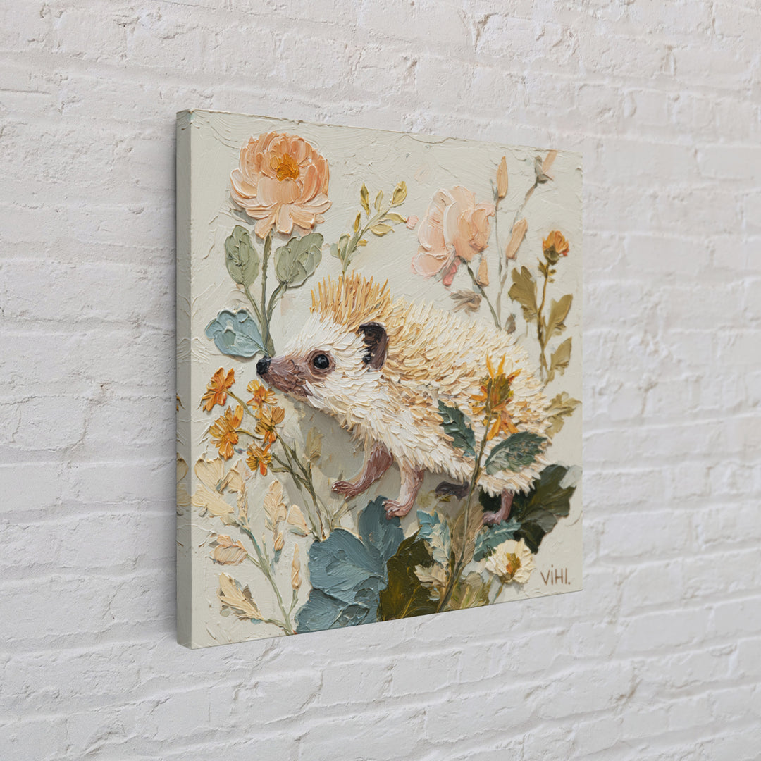 Hedgehog Carrying Wildflowers Framed Canvas Print, Whimsical Art, Dark Academia Decor, Living Room Decor, Fine Art, Wonder, WHI-1x1-39