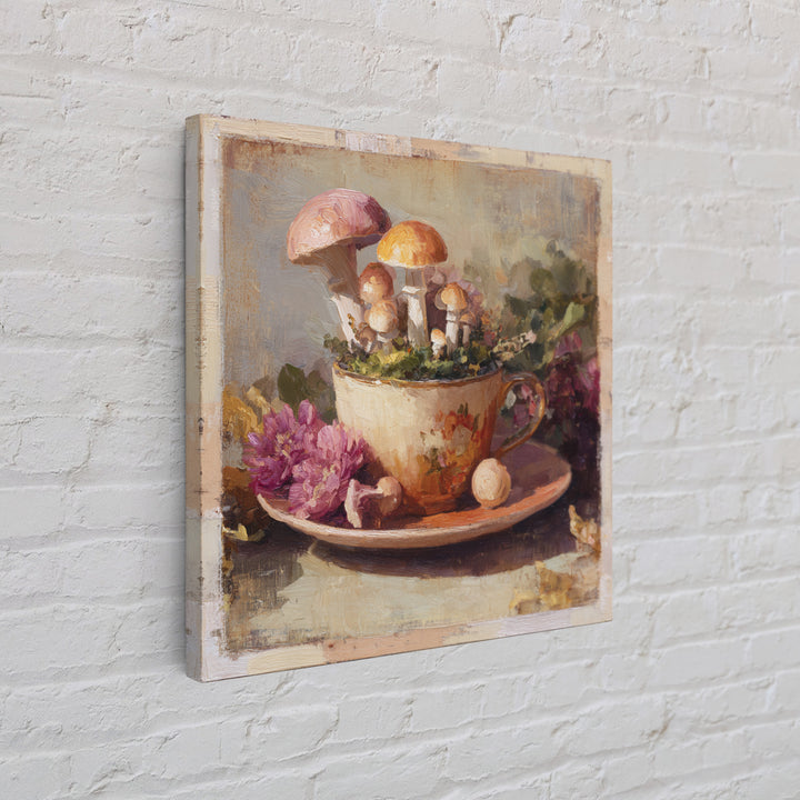 Teacup Garden with Tiny Mushrooms Canvas Print, Whimsical Art, Home Decor, Living Room Decor, Fine Art, Wonder, Digital Print, WHI-1x1-4
