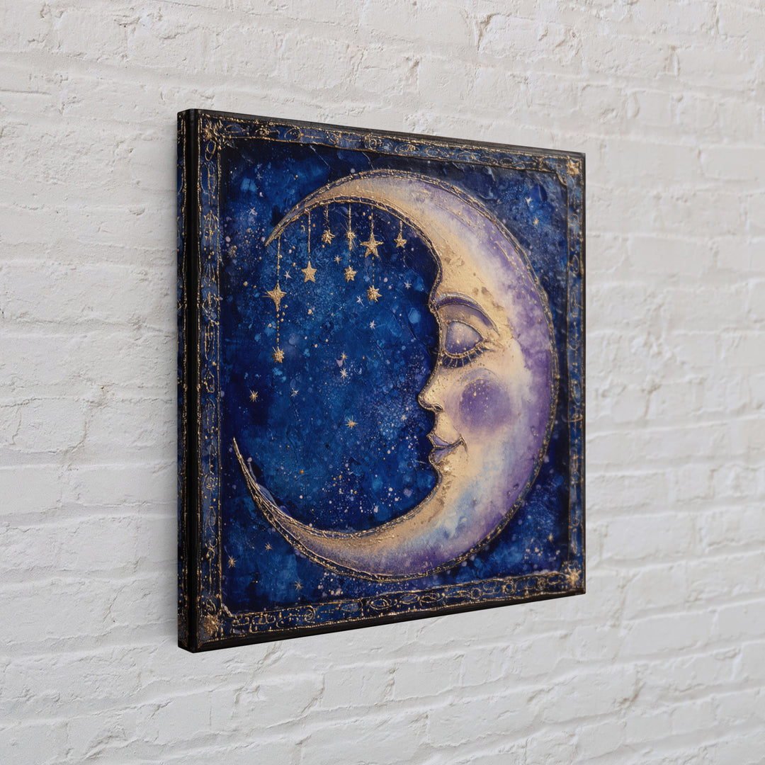 Moon with Sleeping Face and Dangling Stars Framed Canvas Print, Whimsical Art, Room Decor, Living Room Decor, Oil Painting, WHI-1x1-40