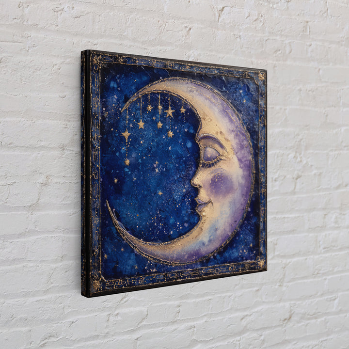 Moon with Sleeping Face and Dangling Stars Framed Canvas Print, Whimsical Art, Room Decor, Living Room Decor, Oil Painting, WHI-1x1-40
