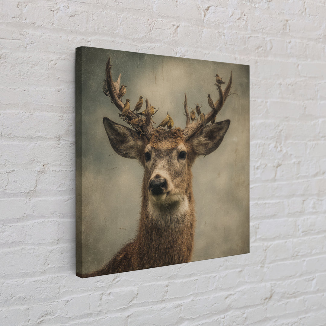 Deer with Antlers Full of Birds Framed Canvas Print, Whimsical Art, Dopamine Decor, Living Room Decor, Oil Painting, Wonder, WHI-1x1-43