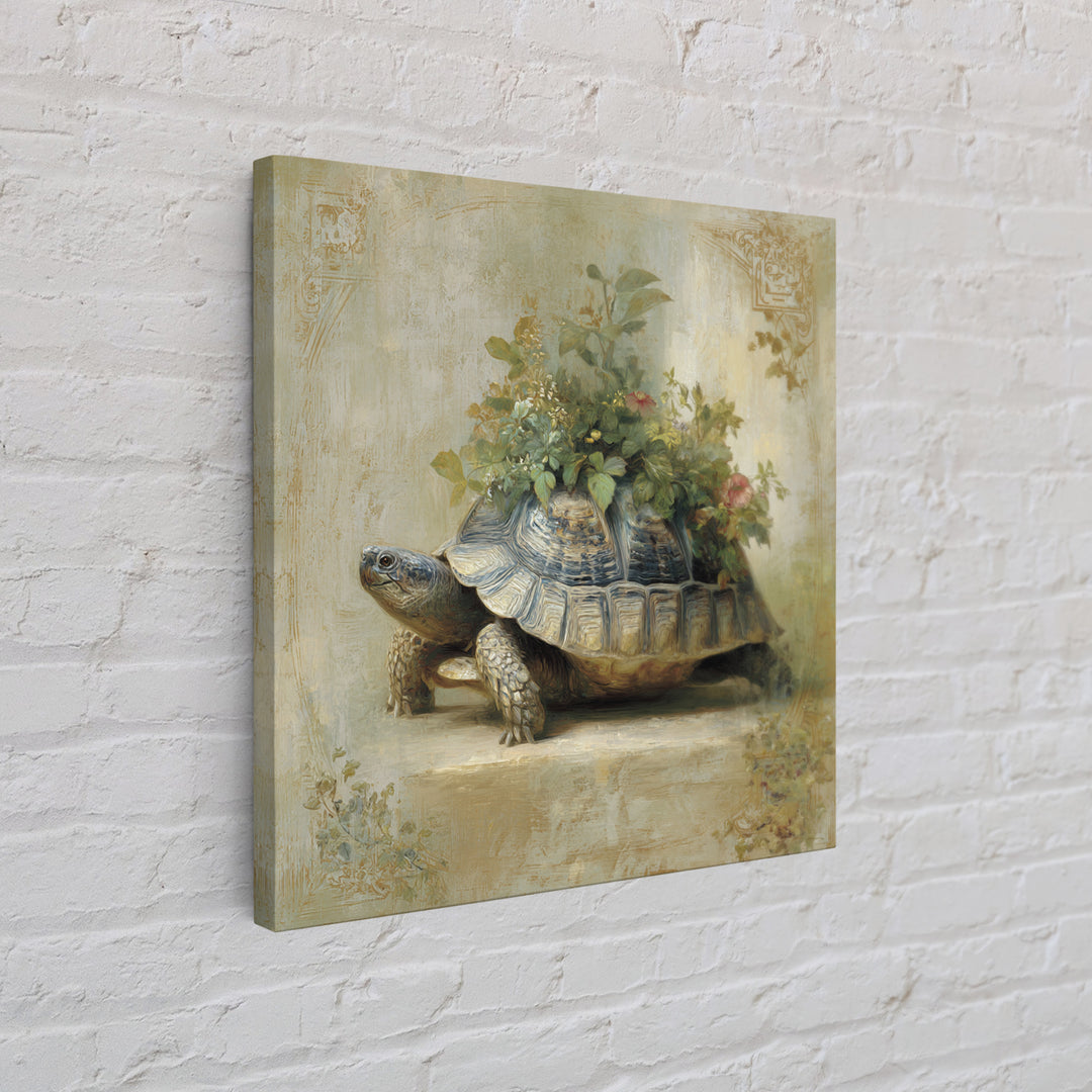 Turtle with Garden Growing on Shell Framed Canvas Print, Whimsical Art, Nursery Art, Living Room Decor, Oil Painting, Wonder, WHI-1x1-46