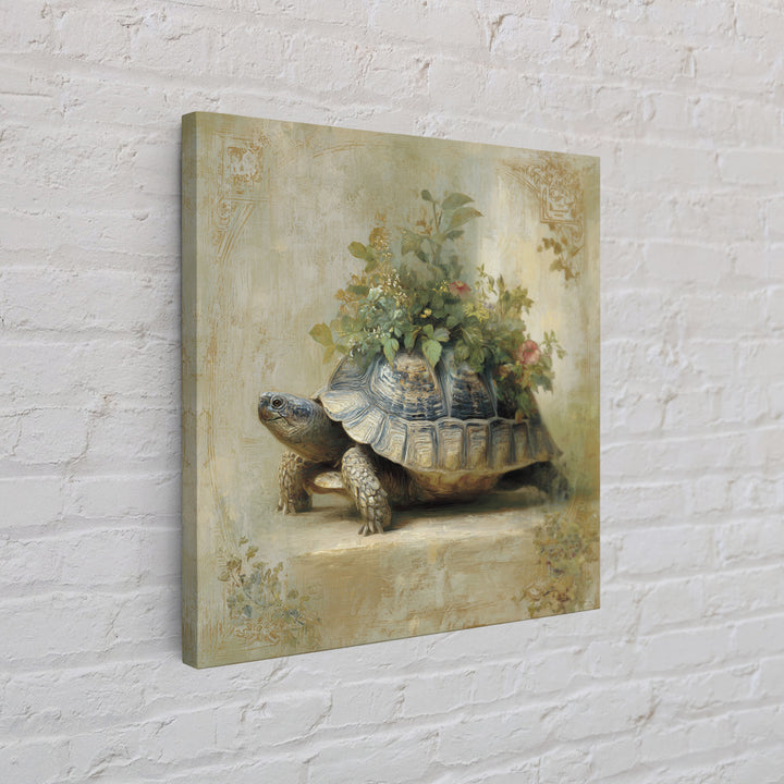 Turtle with Garden Growing on Shell Framed Canvas Print, Whimsical Art, Nursery Art, Living Room Decor, Oil Painting, Wonder, WHI-1x1-46