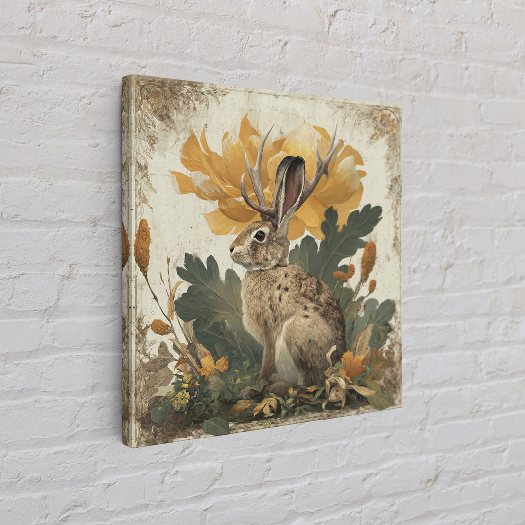 Rabbit Reading Beneath a Giant Flower Framed Canvas Print, Whimsical Art, Textured Painting, Living Room Decor, Wonder, WHI-1x1-53