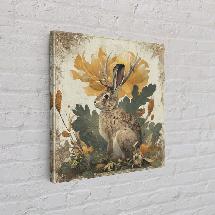 Rabbit Reading Beneath a Giant Flower Framed Canvas Print, Whimsical Art, Textured Painting, Living Room Decor, Wonder, WHI-1x1-53