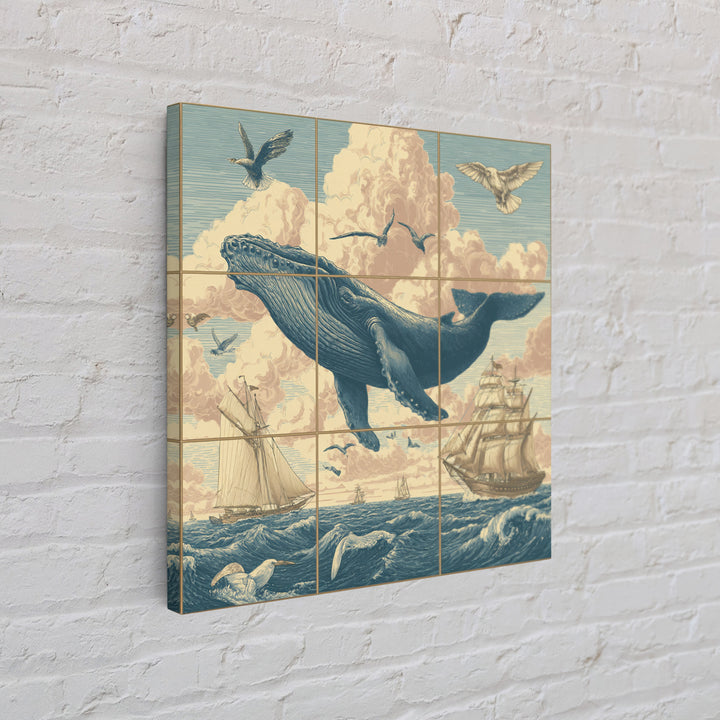 Whale Flying Through Clouds Like Ocean Framed Canvas Print, Whimsical Art, Boho Decor, Living Room Decor, Fine Art, Wonder, WHI-1x1-61