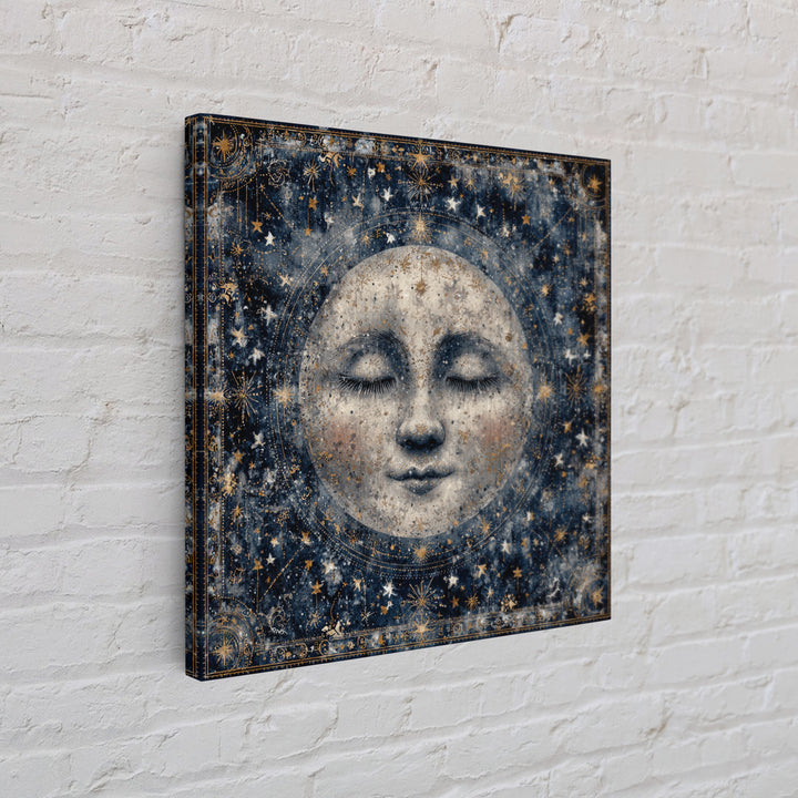 Moon with Sleeping Face and Dangling Stars Framed Canvas Print, Whimsical Art, Living Room Decor, Wonder, Gallery Decor, WHI-1x1-64