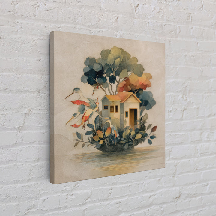 Floating House Carried by Colorful Birds Framed Canvas Print, Whimsical Art, Framed Wall Art, Living Room Decor, Wonder, WHI-1x1-7