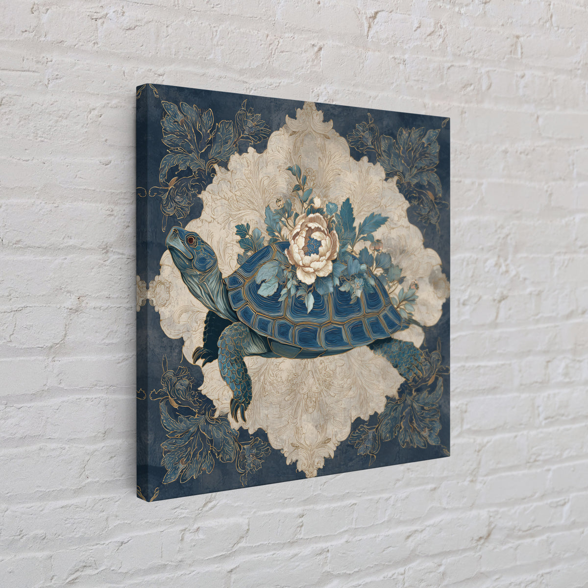 Turtle with Garden Growing on Shell Framed Canvas Print, Whimsical Art, Nursery Art, Living Room Decor, Oil Painting, Wonder, WHI-1x1-70