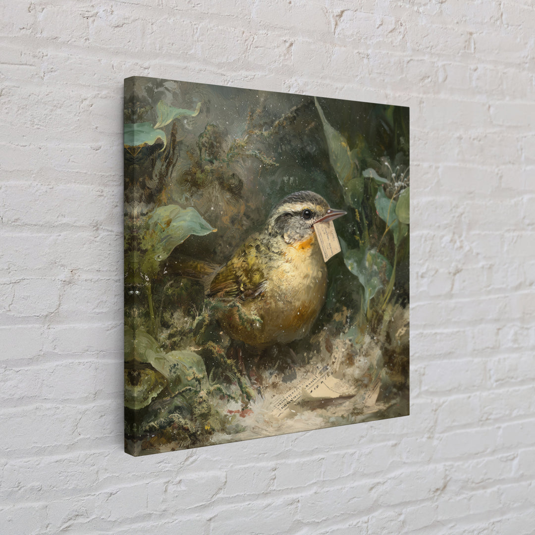 Bird Delivering a Tiny Love Letter Framed Canvas Print, Whimsical Art, Cat Art, Living Room Decor, Fine Art, Wonder, WHI-1x1-71