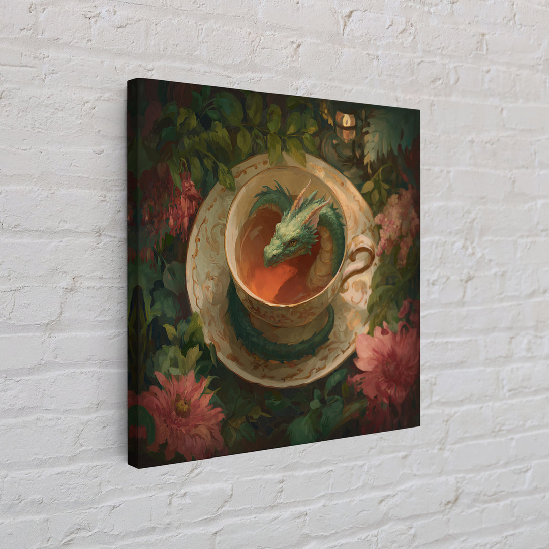 Dragon Curled Around a Teacup Framed Canvas Print, Whimsical Art, Bird Art, Living Room Decor, Abstract Art, Wonder, WHI-1x1-72