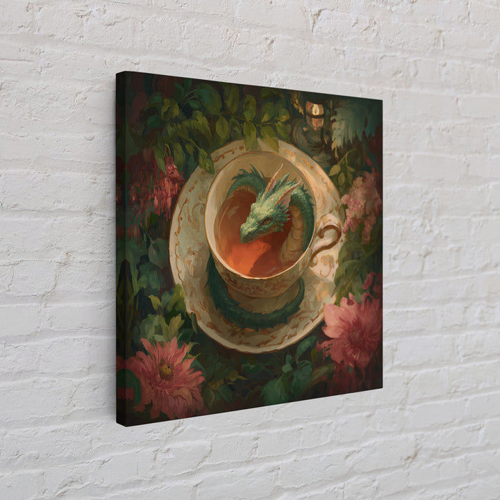 Dragon Curled Around a Teacup Framed Canvas Print, Whimsical Art, Bird Art, Living Room Decor, Abstract Art, Wonder, WHI-1x1-72