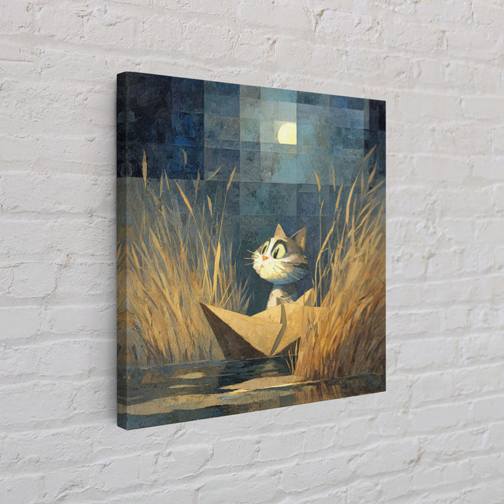 Cat Sailing a Paper Boat Framed Canvas Print, Whimsical Art, Fine Art Print, Living Room Decor, Fine Art, Wonder, Prints, WHI-1x1-74