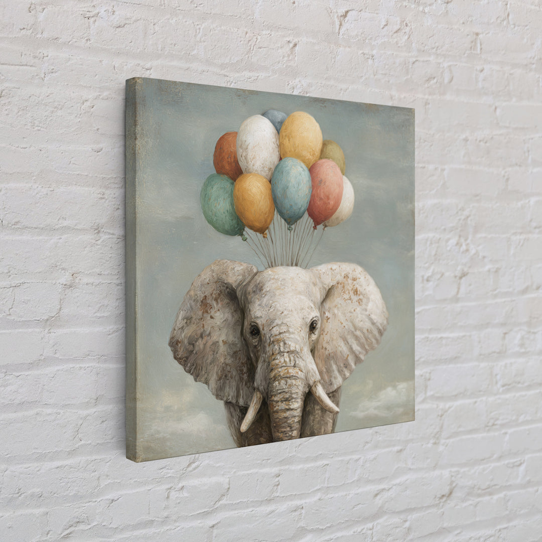 Elephant Holding Balloons Canvas Print, Whimsical Art, Statement Artwork, Living Room Decor, Fine Art, Wonder, Art Print, WHI-1x1-75