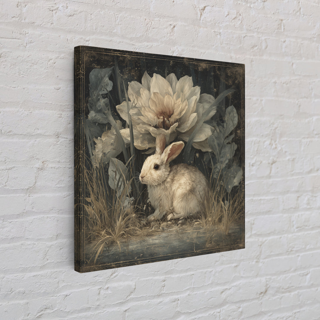 Rabbit Reading Beneath a Giant Flower Canvas Print, Whimsical Art, Wall Decor, Living Room Decor, Wonder, Printable Art, WHI-1x1-77