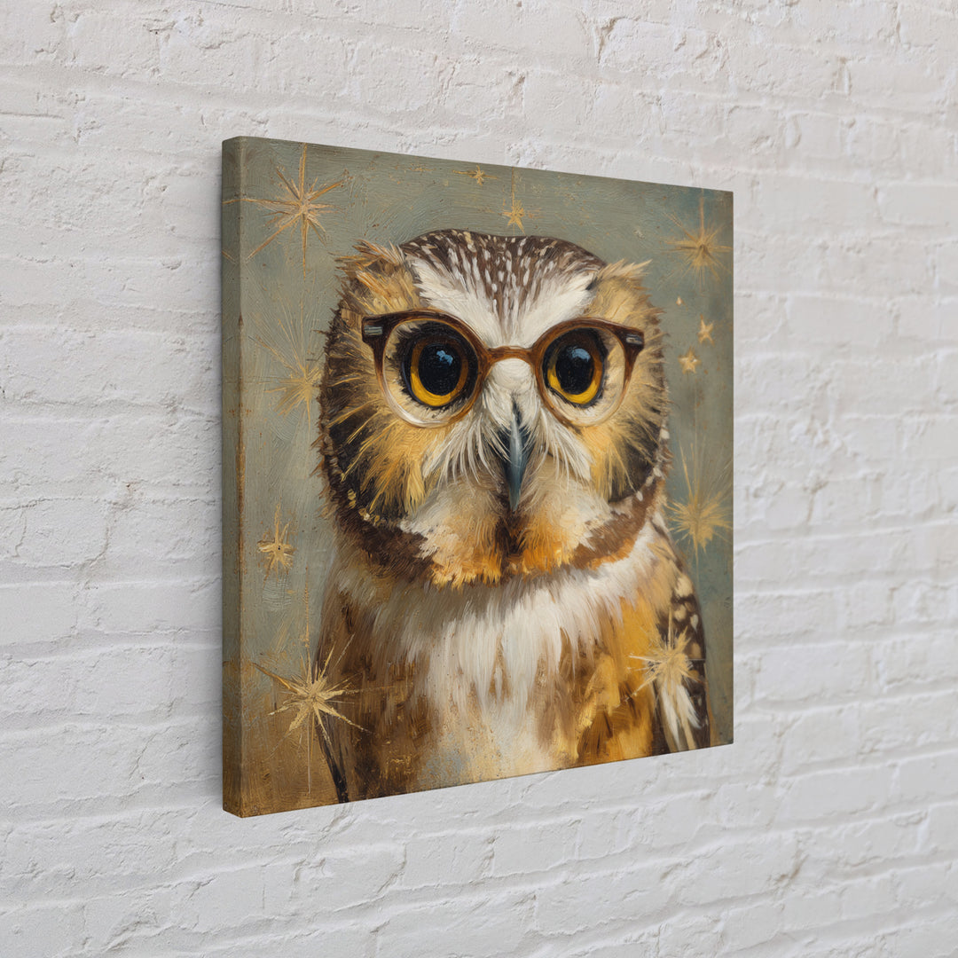 Owl Wearing Spectacles Among Stars Framed Canvas Print, Whimsical Art, Statement Artwork, Living Room Decor, Fine Art, Wonder, WHI-1x1-78