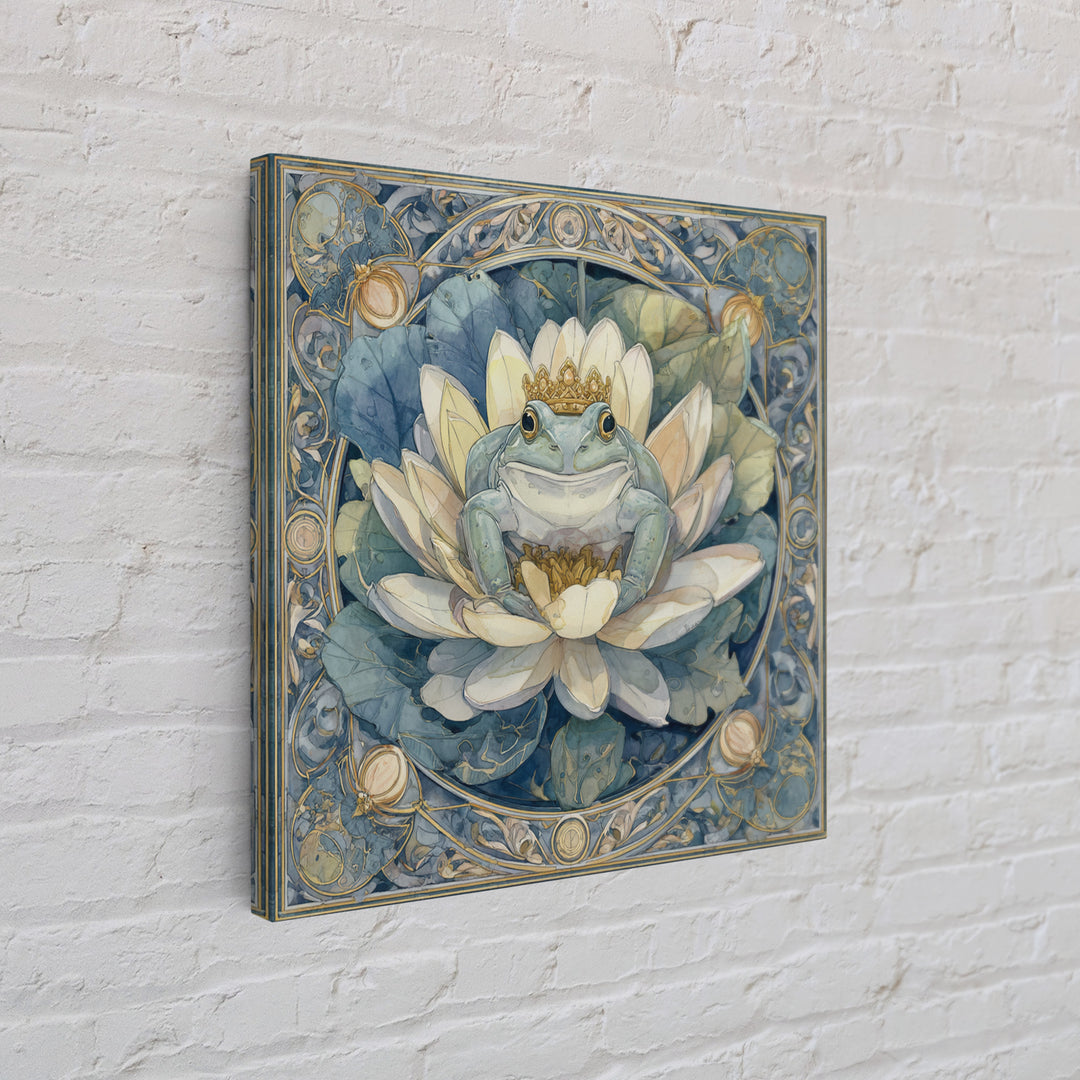 Frog Prince on a Lily Pad Framed Canvas Print, Whimsical Art, Oil Painting, Living Room Decor, Wonder, Dark Academia Decor, WHI-1x1-8