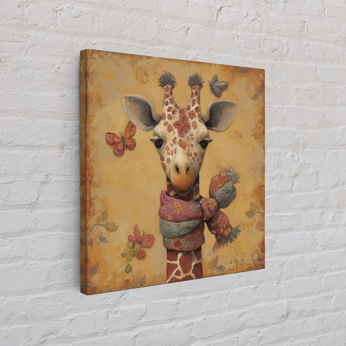 Giraffe with Scarf and Butterflies Canvas Print, Whimsical Art, Boho Decor, Living Room Decor, Oil Painting, Wonder, WHI-1x1-82