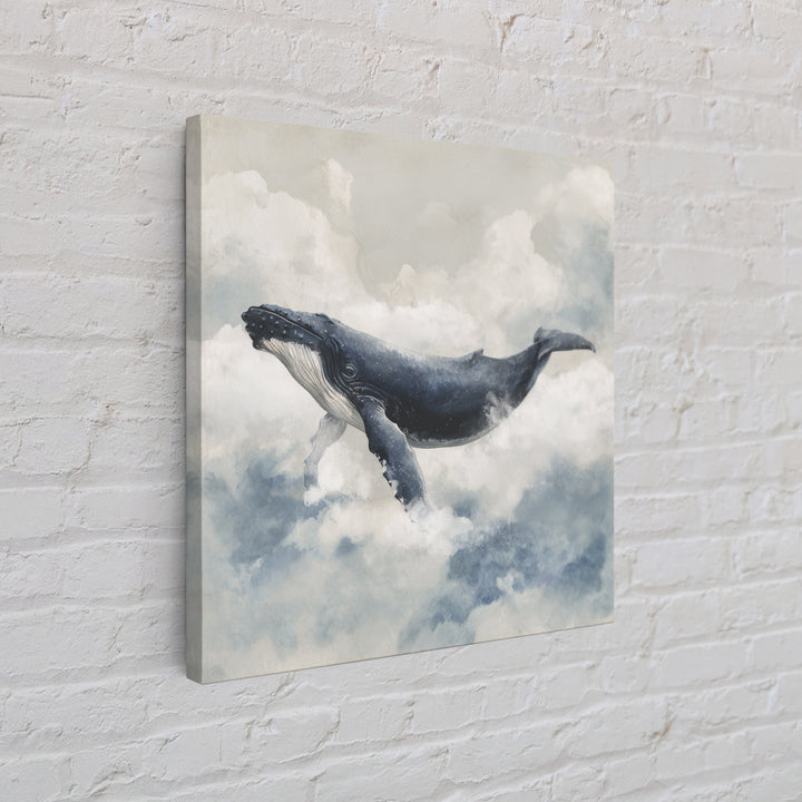 Whale Flying Through Clouds Like Ocean Canvas Print, Whimsical Art, Minimalist Decor, Living Room Decor, Oil Painting, Wonder, WHI-1x1-85