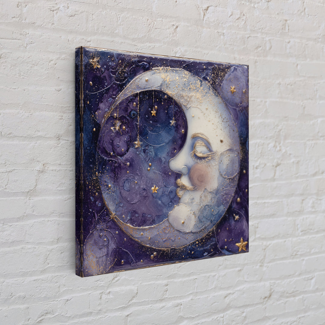Moon with Sleeping Face and Dangling Stars Framed Canvas Print, Whimsical Art, Minimalist Decor, Living Room Decor, Wonder, WHI-1x1-88