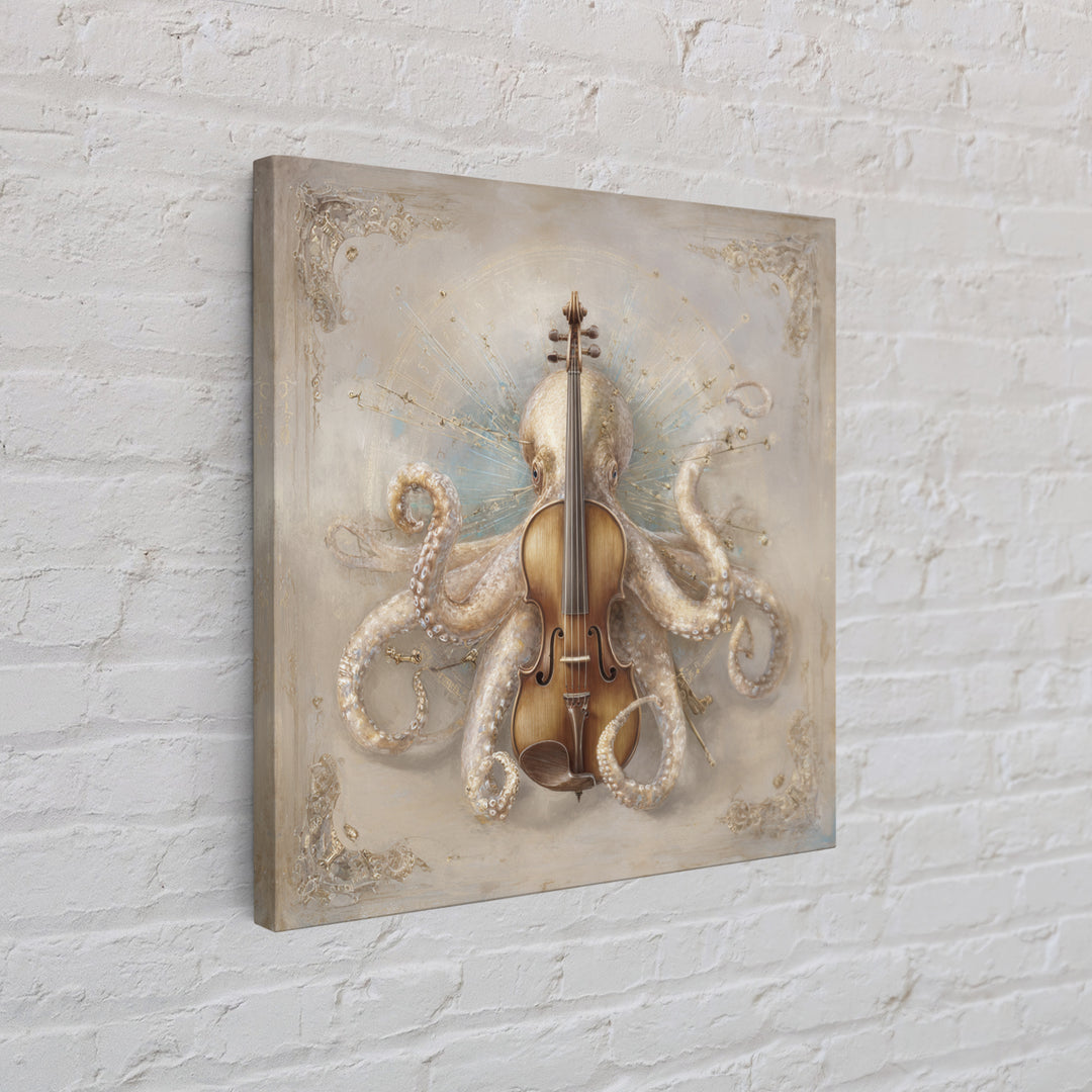 Octopus Conductor with Tiny Instruments Canvas Print, Whimsical Art, Neutral Decor, Living Room Decor, Fine Art, Wonder, WHI-1x1-90